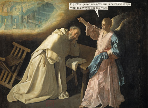 Collage, dialogues from Un irrésistible désir (Harlequin, Azur 3437) pasted on Zurbaran's "La Vision de saint Pierre Nolasque" picture.
